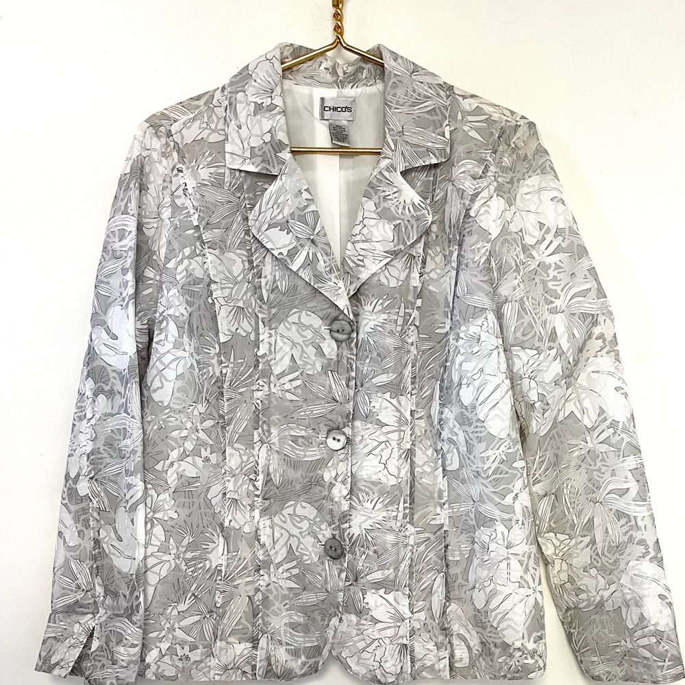 Chico's Lightweight Blazer Jacket Floral Gray 3-Button Front Lining Size…